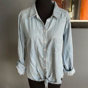 C&C California light chambray white polka dot hem tie rolled long sleeve shirt